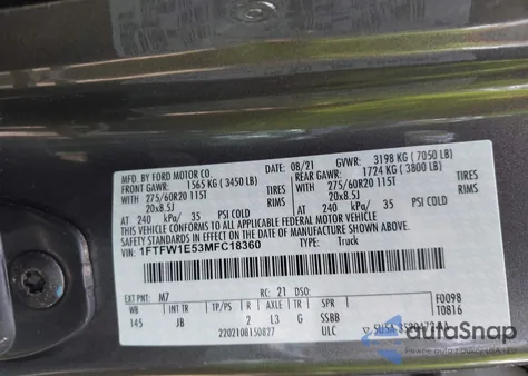 2021 Ford F-150 Xl из США, поврежденный, VIN 1FTFW1E53MFC18360